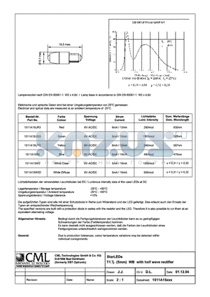 1511A15W3 datasheet - StarLEDs T11/2(5mm) WB with half wave rectifier