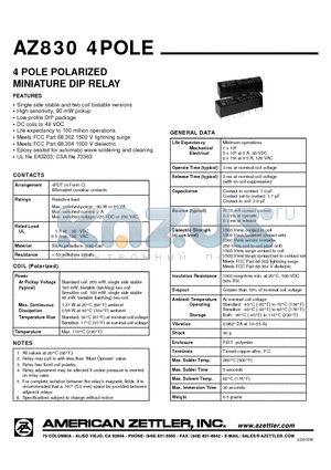 AZ830-4C-24DEA datasheet - 4 POLE POLARIZED MINIATURE DIP RELAY