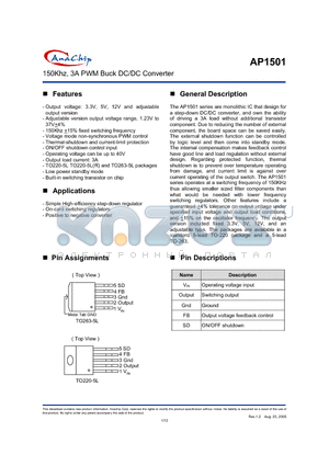 AP1501-12K5A datasheet - 150Khz, 3A PWM Buck DC/DC Converter