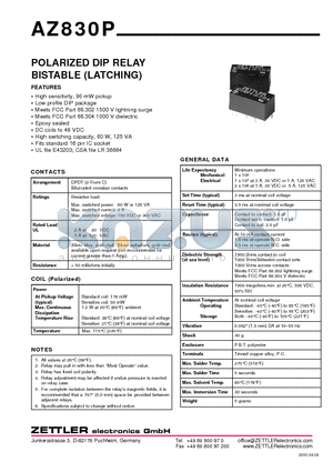 AZ830P2-2C-12DSE datasheet - POLARIZED DIP RELAY BISTABLE (LATCHING)