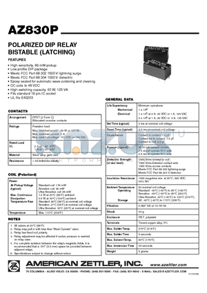 AZ830P2-2C-5DE datasheet - POLARIZED DIP RELAY BISTABLE (LATCHING)
