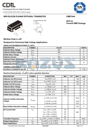 CMBTA44 datasheet - NPN SILICON PLANAR EPITAXIAL TRANSISTOR