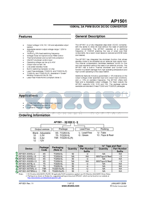 AP1501-XXK5G-13 datasheet - 150KHz, 3A PWM BUCK DC/DC CONVERTER