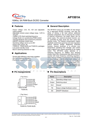 AP1501A datasheet - 150Khz, 5A PWM Buck DC/DC Converter