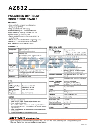 AZ832-2C-12DME datasheet - POLARIZED DIP RELAY SINGLE SIDE STABLE