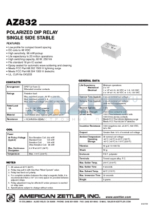 AZ832-2C-12DME datasheet - POLARIZED DIP RELAY SINGLE SIDE STABLE