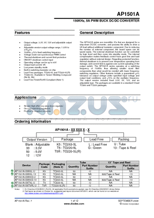 AP1501A-12K5L-13 datasheet - 150KHz, 5A PWM BUCK DC/DC CONVERTER