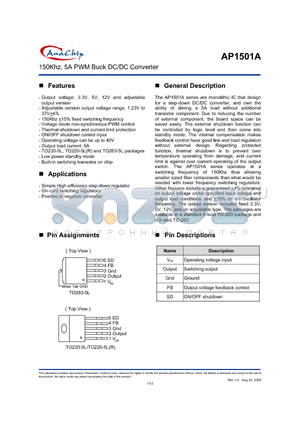 AP1501A-12T5A datasheet - 150Khz, 5A PWM Buck DC/DC Converter