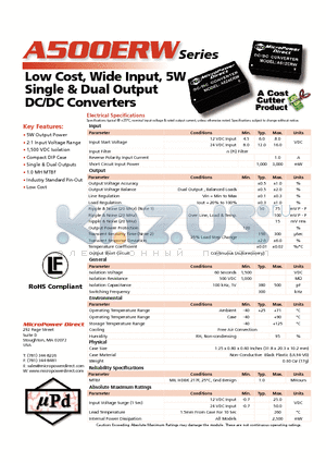 A500ERW datasheet - Low Cost, Wide Input, 5W Single & Dual Output DC/DC Converters