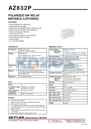 AZ832P1-2C-24DE datasheet - POLARIZED DIP RELAY BISTABLE (LATCHING)