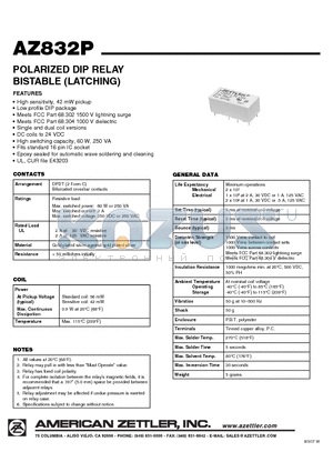 AZ832P2-2C-24DSE datasheet - POLARIZED DIP RELAY BISTABLE (LATCHING)