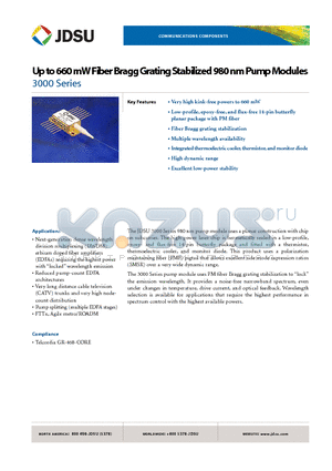 30-8000-520 datasheet - Up to 660 mW Fiber Bragg Grating Stabilized 980 nm Pump Modules