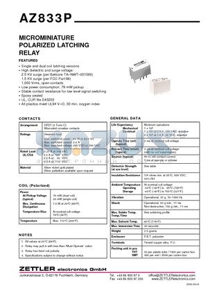 AZ833P1-5DE datasheet - MICROMINIATURE POLARIZED LATCHING RELAY