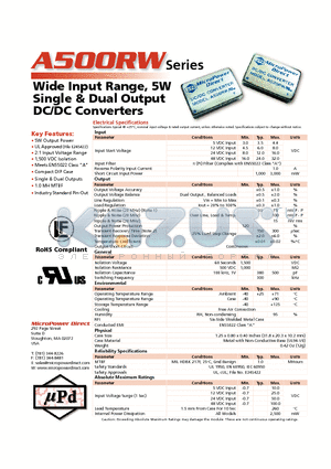 A500RW datasheet - Wide Input Range, 5W Single & Dual Output DC/DC Converters