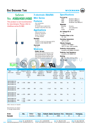 A500S003500100 datasheet - GAS DISCHARGE TUBE - 5x5mm