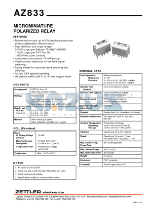 AZ833S1-3DE datasheet - MICROMINIATURE POLARIZED RELAY