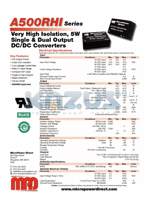 A501RHI datasheet - Very High Isolation, 5W Single & Dual Output DC/DC Converters