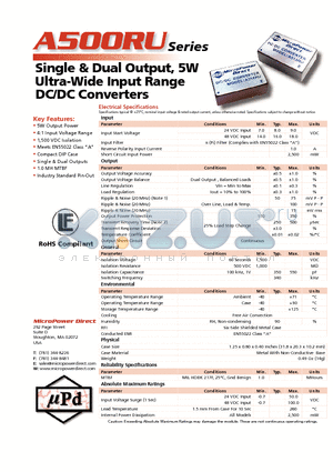 A501RU datasheet - Single & Dual Output, 5W Ultra-Wide Input Range DC/DC Converters