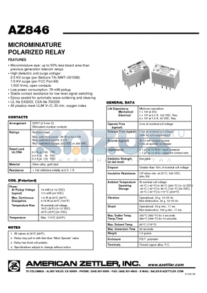 AZ846 datasheet - MICROMINIATURE POLARIZED RELAY