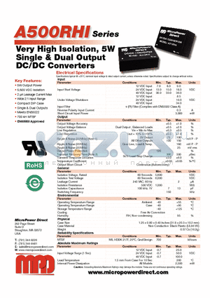 A502RHI datasheet - Very High Isolation, 5W Single & Dual Output DC/DC Converters