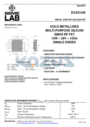 D1031UK datasheet - METAL GATE RF SILICON FET