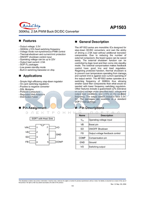 AP1503 datasheet - 300Khz, 2.5A PWM Buck DC/DC Converter