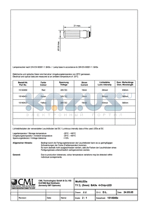 1514045X datasheet - MultiLEDs T11/2 (5mm) BA5s 4-Chip-LED