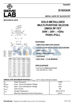 D1053 datasheet - METAL GATE RF SILICON FET