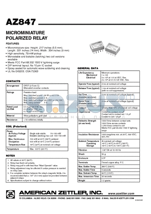 AZ847-12 datasheet - MICROMINIATURE POLARIZED RELAY