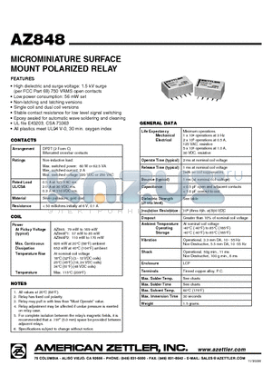 AZ848-24 datasheet - MICROMINIATURE SURFACE MOUNT POLARIZED RELAY