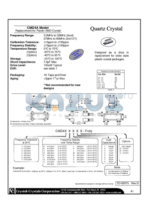 CMD41A41A-20.000 datasheet - Replacement for Plastic SMD Crystal