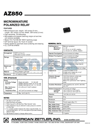 AZ850-4.5 datasheet - MICROMINIATURE POLARIZED RELAY