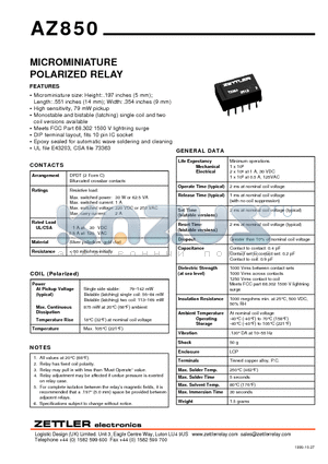 AZ850-6 datasheet - MICROMINIATURE POLARIZED RELAY