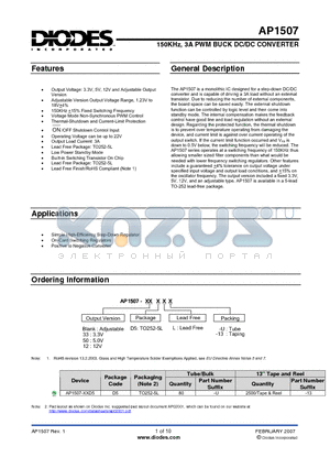 AP1507-33D5L-13 datasheet - 150KHz, 3A PWM BUCK DC/DC CONVERTER