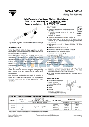300144TR1TCR2AFB datasheet - High Precision Voltage Divider Resistors with TCR Tracking to 0.5 ppm/`C and Tolerance Match to 0.005 % (50 ppm)