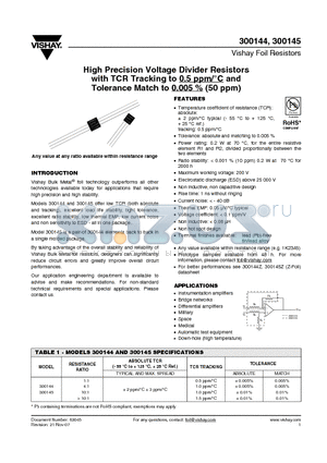 300144TR1TCR2BBB datasheet - High Precision Voltage Divider Resistors with TCR Tracking to 0.5 ppm/`C and Tolerance Match to 0.005 % (50 ppm)