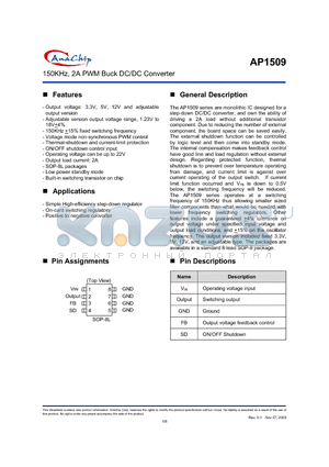 AP1509-12S datasheet - 150KHz, 2A PWM Buck DC/DC Converter