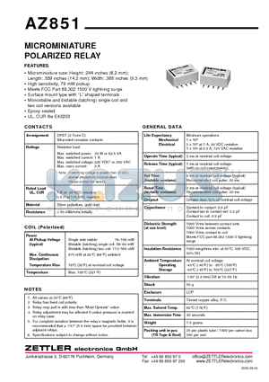 AZ851 datasheet - MICROMINIATURE POLARIZED RELAY