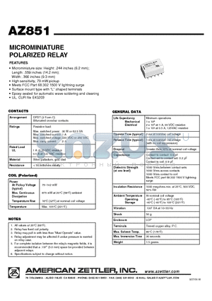 AZ851-24 datasheet - MICROMINIATURE POLARIZED RELAY