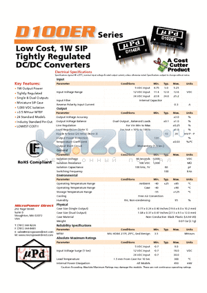 D106ER datasheet - Low Cost, 1W SIP Tightly Regulated DC/DC Con vert ers