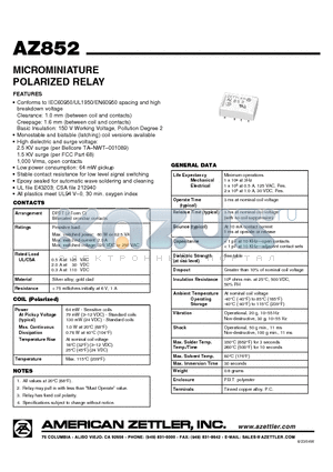 AZ852-1.5 datasheet - MICROMINIATURE POLARIZED RELAY