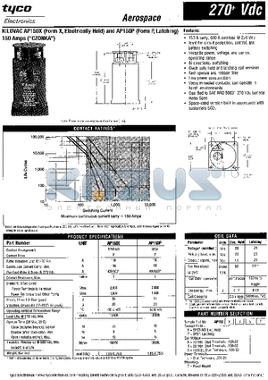 AP150XA57 datasheet - KILOVAC AP150X (FORM X, Electrically Held) and AP150P (Form P,Latching) 150 Amps
