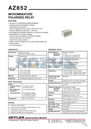 AZ852G-3DE datasheet - MICROMINIATURE POLARIZED RELAY