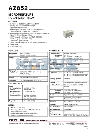 AZ852G-4.5DE datasheet - MICROMINIATURE POLARIZED RELAY