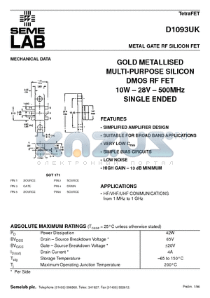 D1093UK datasheet - METAL GATE RF SILICON FET