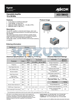 A53 datasheet - Cascadable Amplifier 10 to 500 MHz