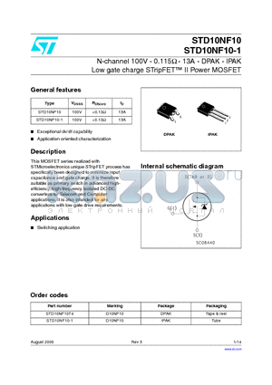 D10NF10 datasheet - N-CHANNEL 100V - 0.115 ohm - 13A IPAK/DPAK LOW GATE CHARGE STripFET II POWER MOSFET