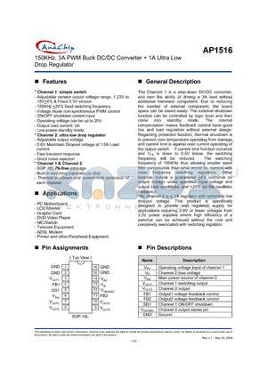 AP1516-33SA datasheet - 150KHz, 3A PWM Buck DC/DC Converter  1A Ultra Low