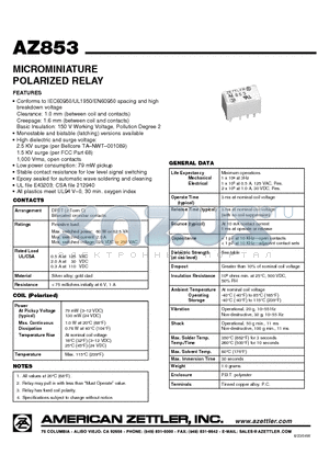 AZ853P-12 datasheet - MICROMINIATURE POLARIZED RELAY