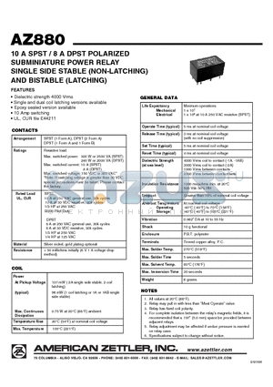 AZ880 datasheet - 10 A SPST / 8 A DPST POLARIZED SUBMINIATURE POWER RELAY SINGLE SIDE STABLE (NON-LATCHING) AND BISTABLE (LATCHING)